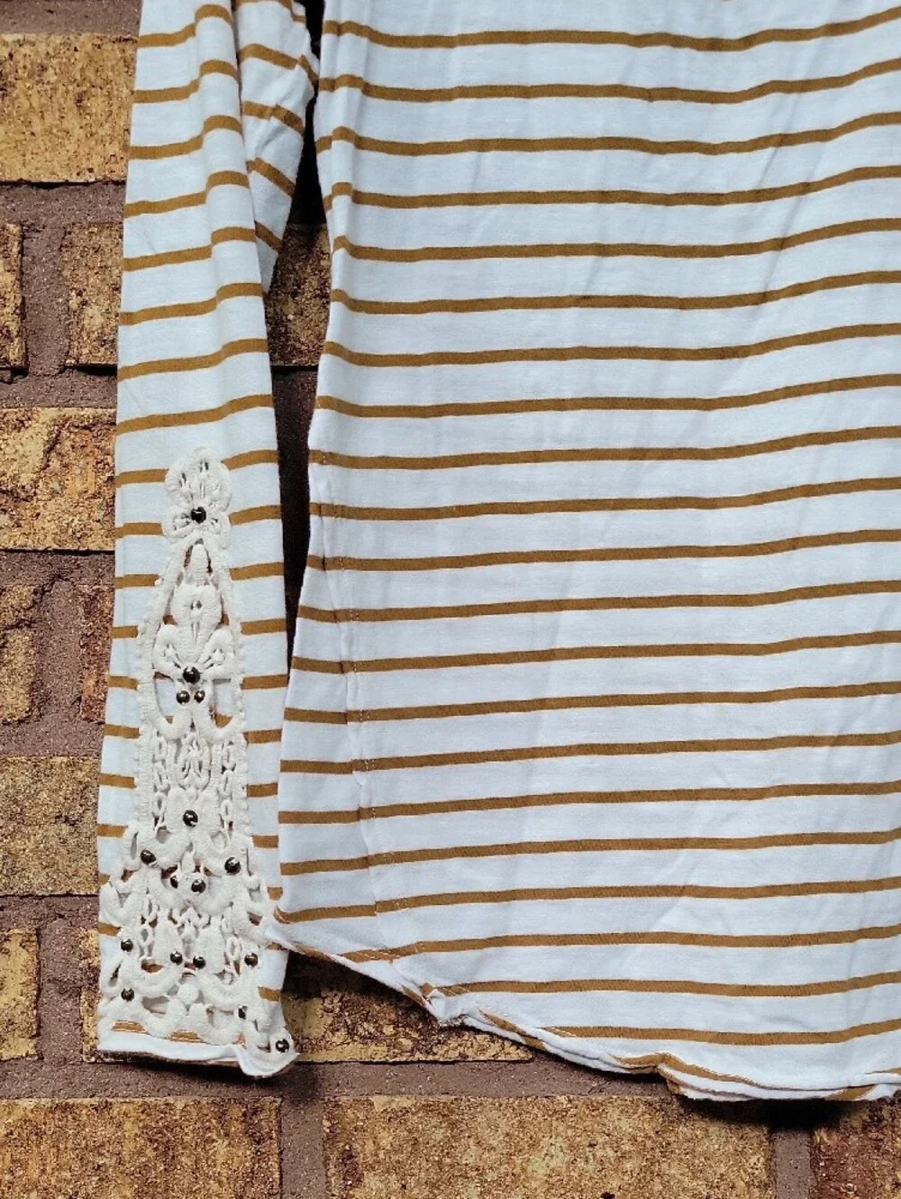 Free People Striped Scoop Neck Long Sleeve Top with Lace Cuff Cottom Size Medium